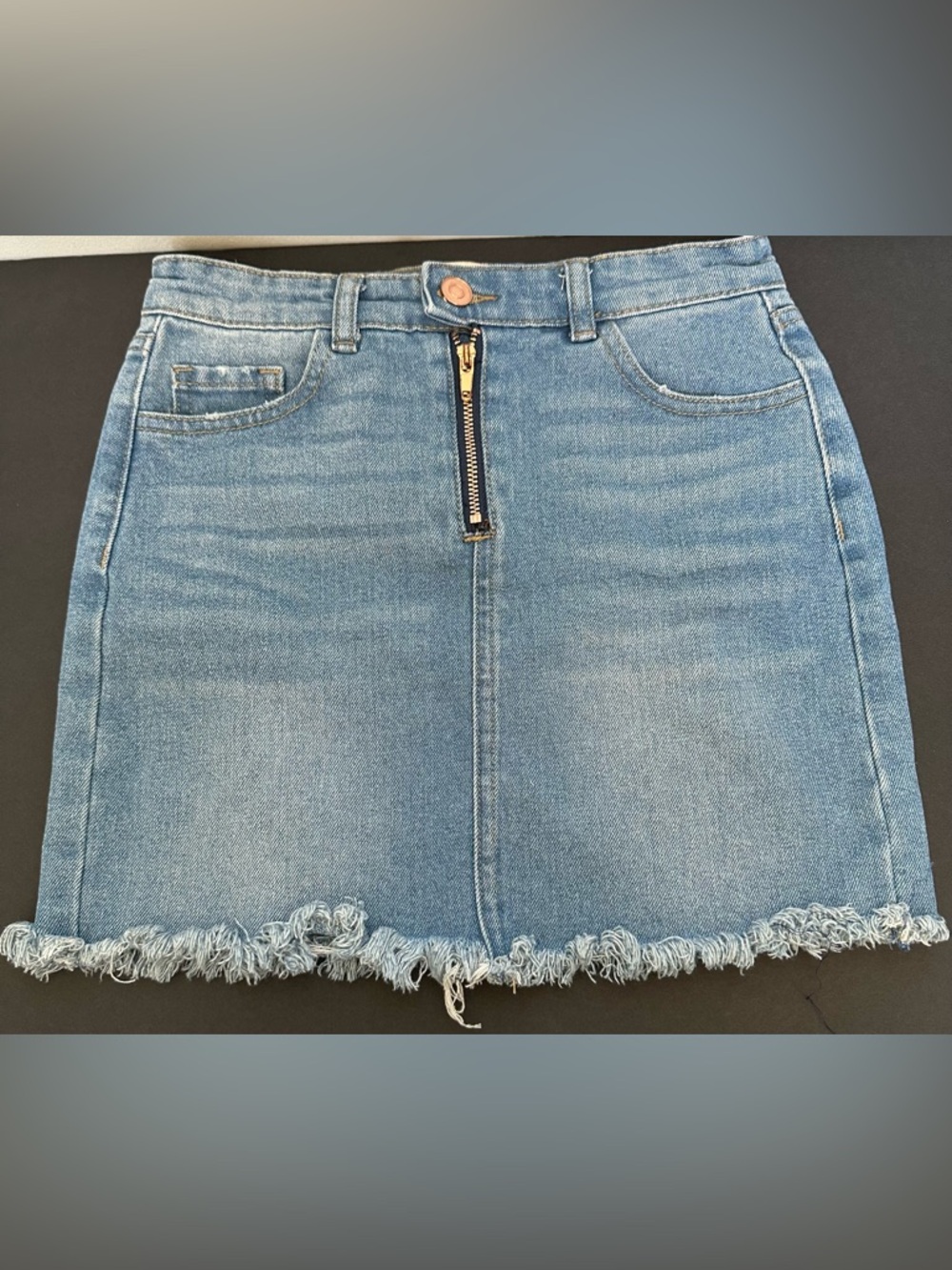 GB girls Light Blue Denim Frayed Hem Mini Skirt with Front Zip
